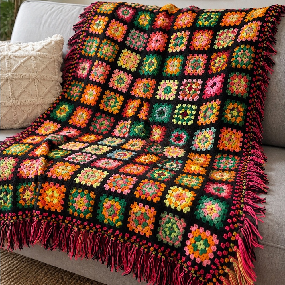Large Handmade Granny Square Crochet Afghan Blanket 84” x 84”